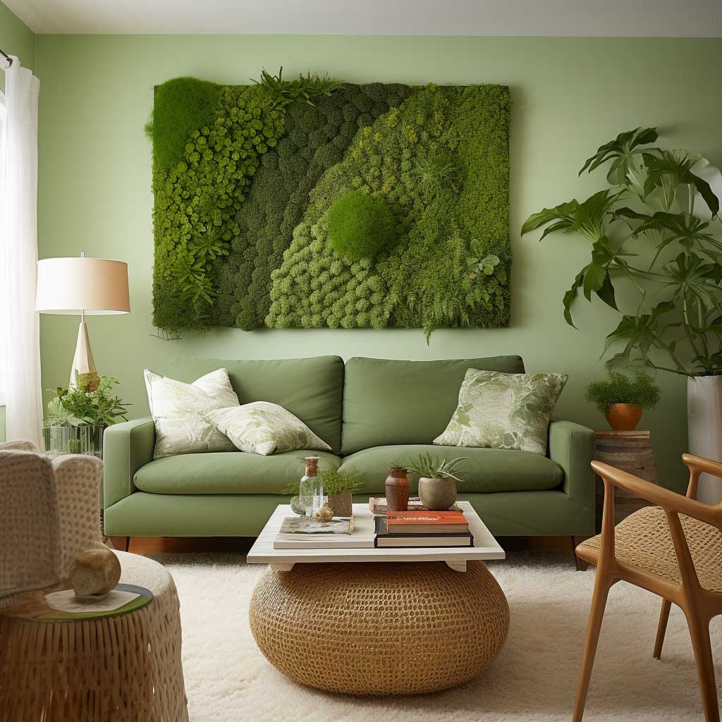 A serene living room featuring a tranquil green wall design, complemented by neutral furniture and botanical accents.