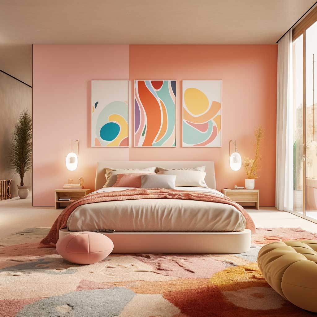A bright, inviting bedroom showcasing a wall paint design in soft pastel hues, emanating warmth and positivity.