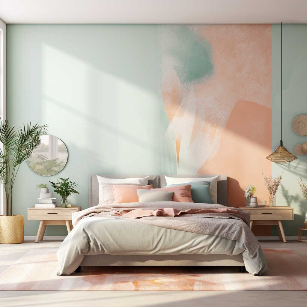 A bright, inviting bedroom showcasing a wall paint design in soft pastel hues, emanating warmth and positivity.