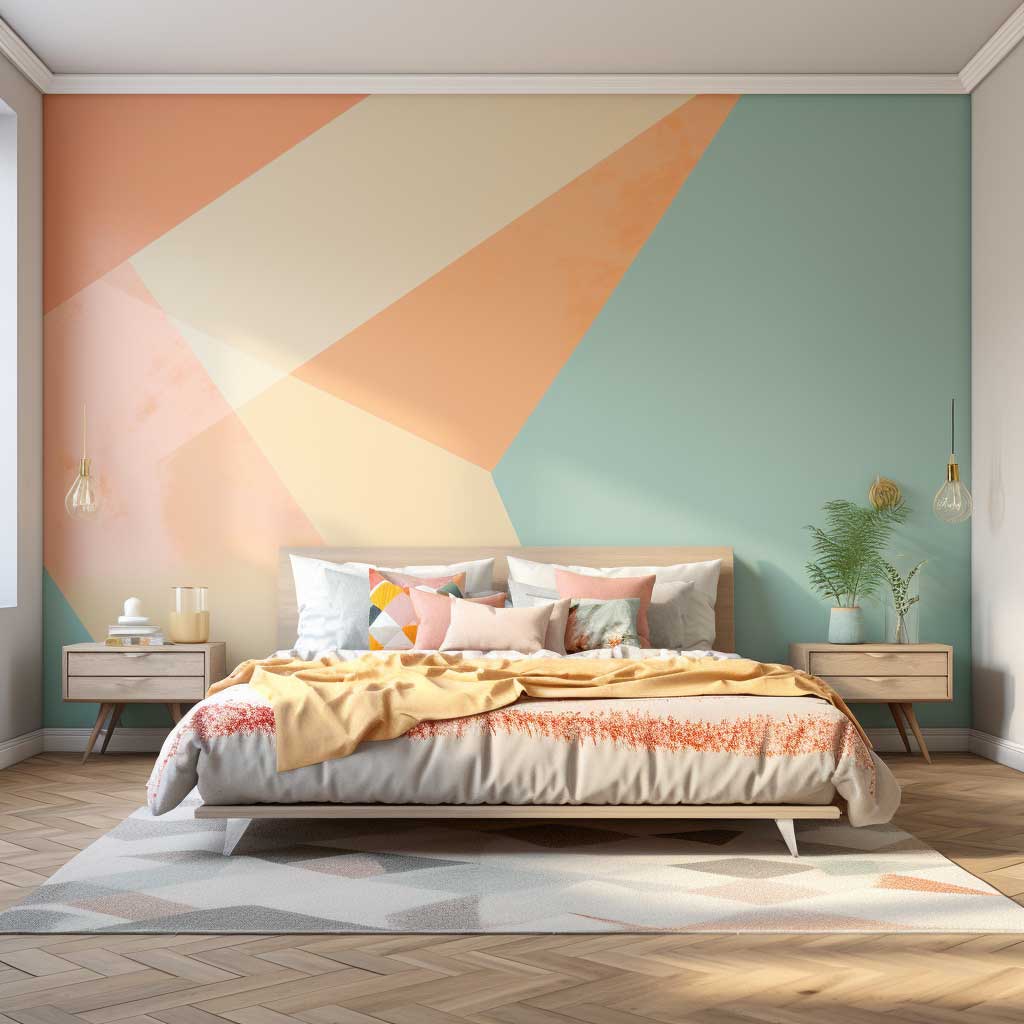A bright, inviting bedroom showcasing a wall paint design in soft pastel hues, emanating warmth and positivity.