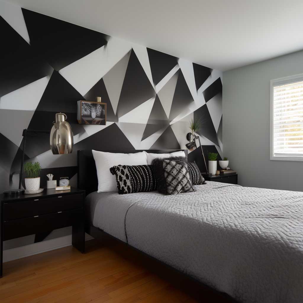 A modern bedroom featuring a geometric wall paint design in bold black and white, creating a dynamic and stylish backdrop.