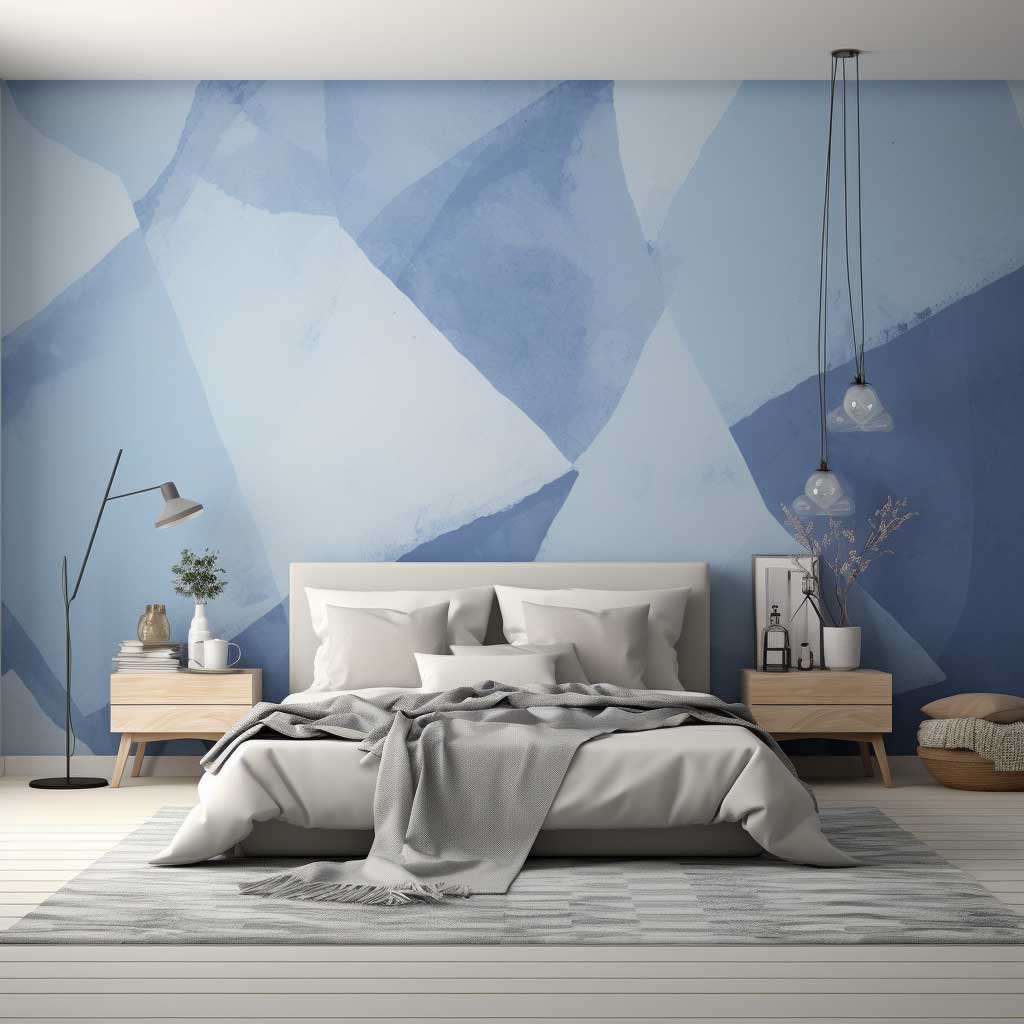 A serene bedroom featuring a wall paint design in different shades of blue, creating a calming and restful ambiance.