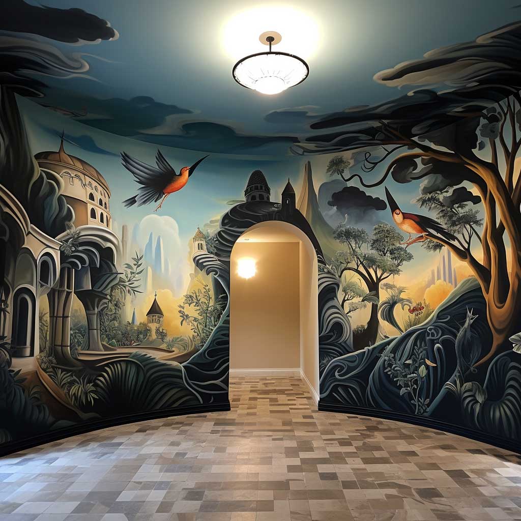 A captivating mural painting embellishing the hall, making the wall a canvas for artistic expression.