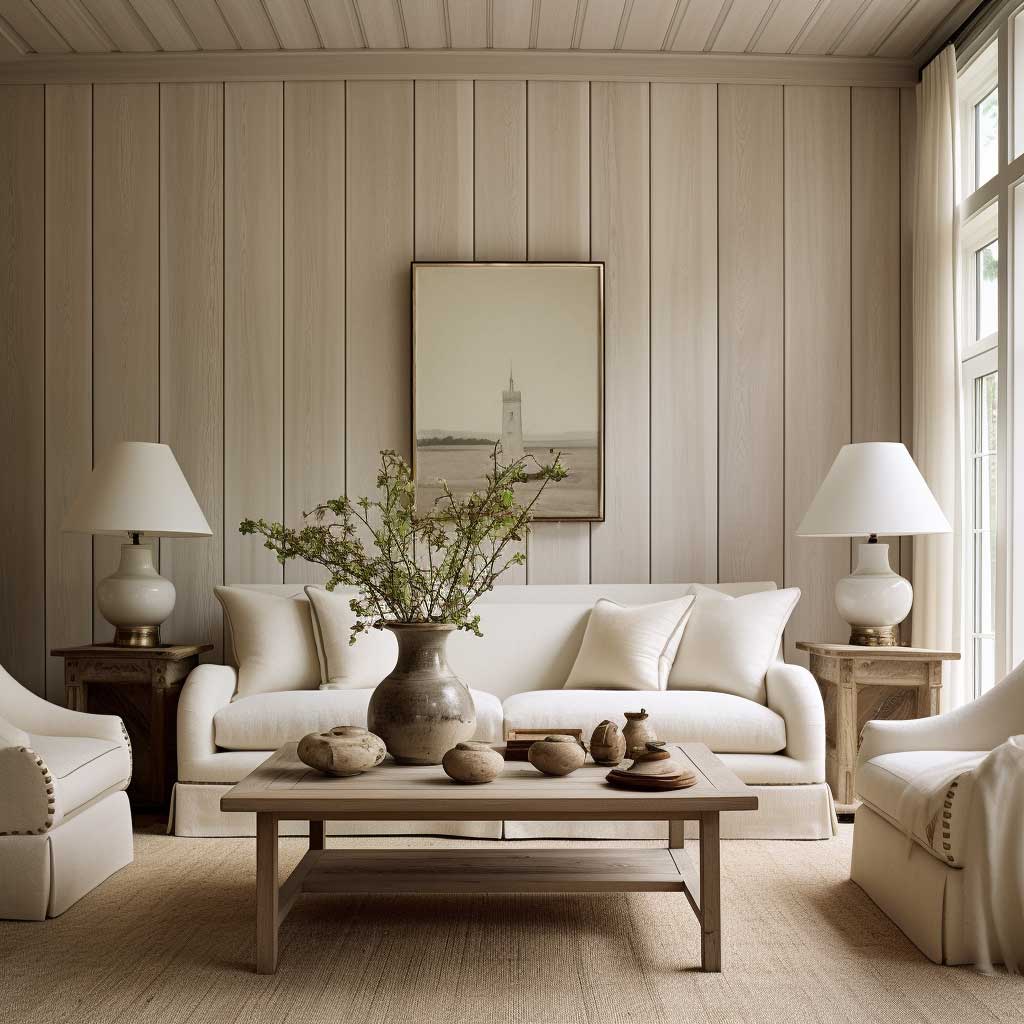 An inviting living space with whitewashed wood paneling.