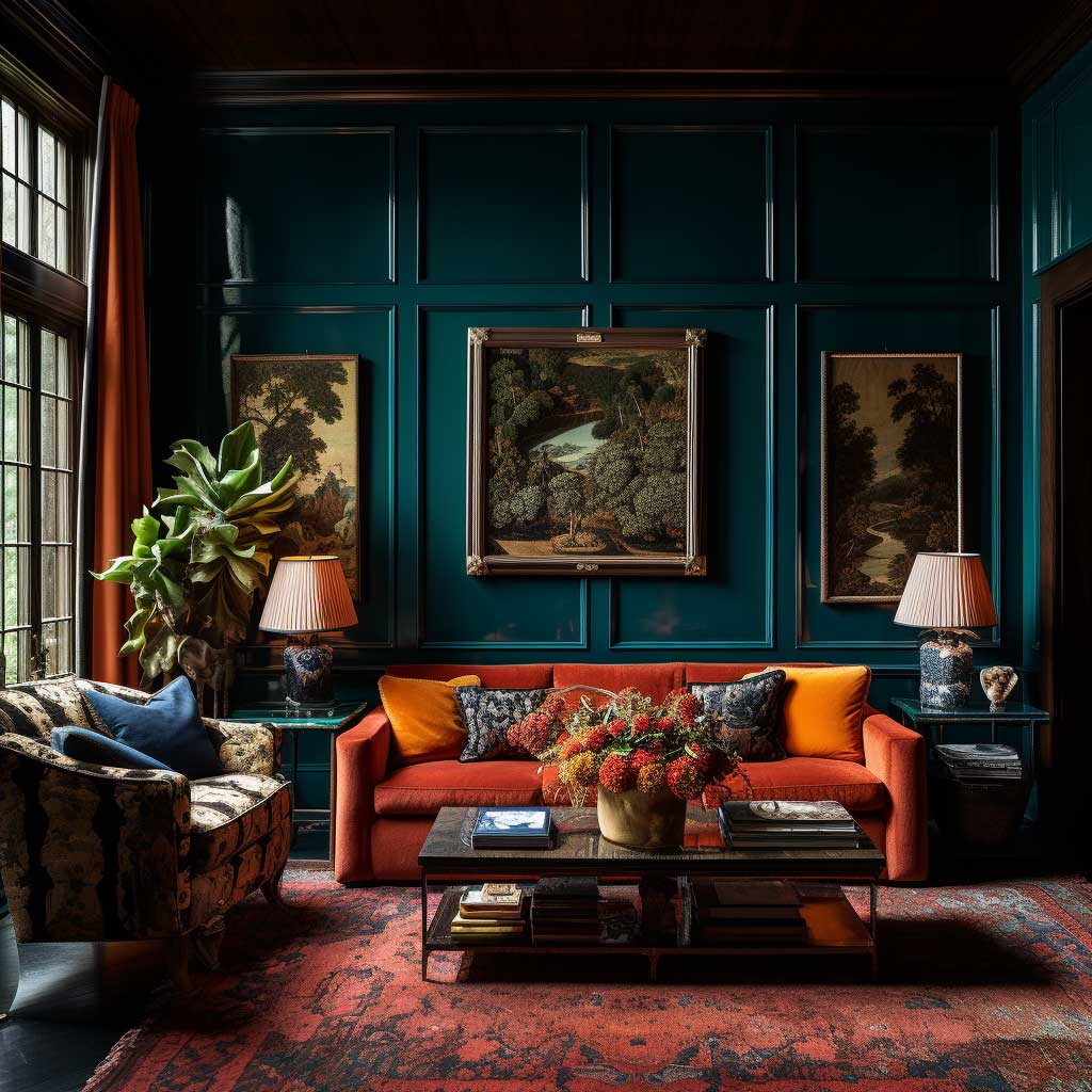 A room with wood paneling painted in a deep, bold color.