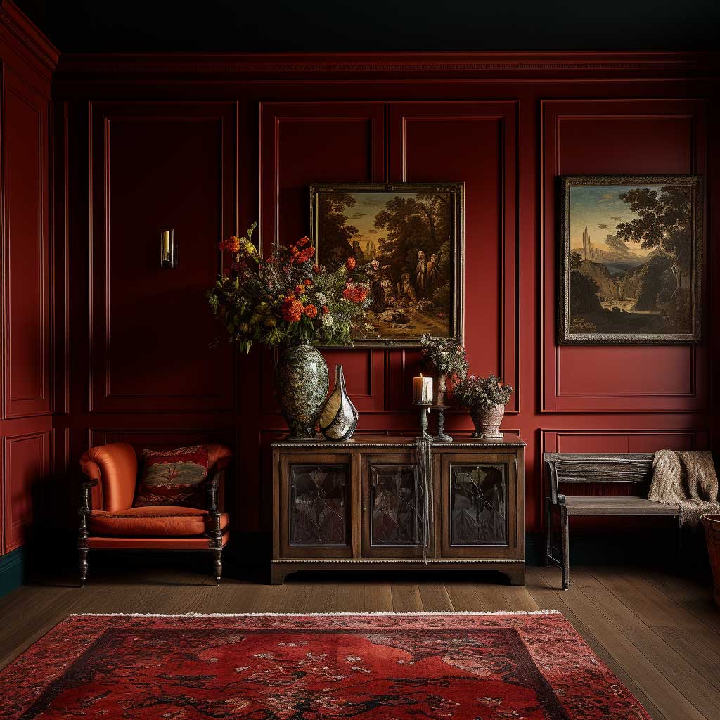 A room with wood paneling painted in a deep, bold color.