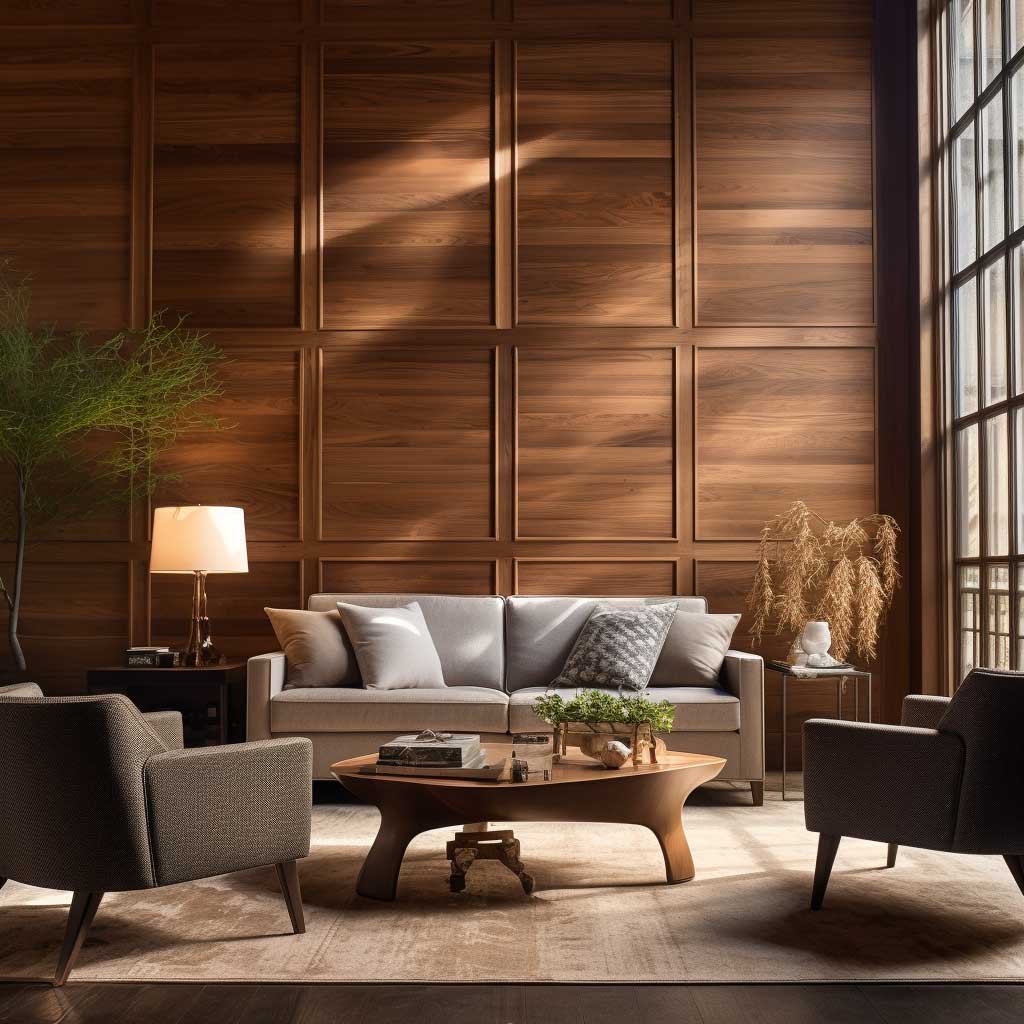 A wood-paneled room enhanced with modern wall decor.