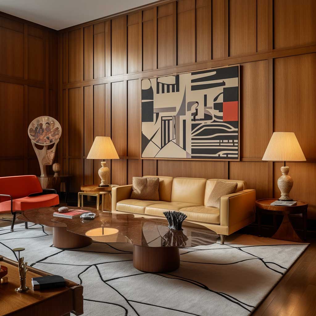 A wood-paneled room enhanced with modern wall decor.