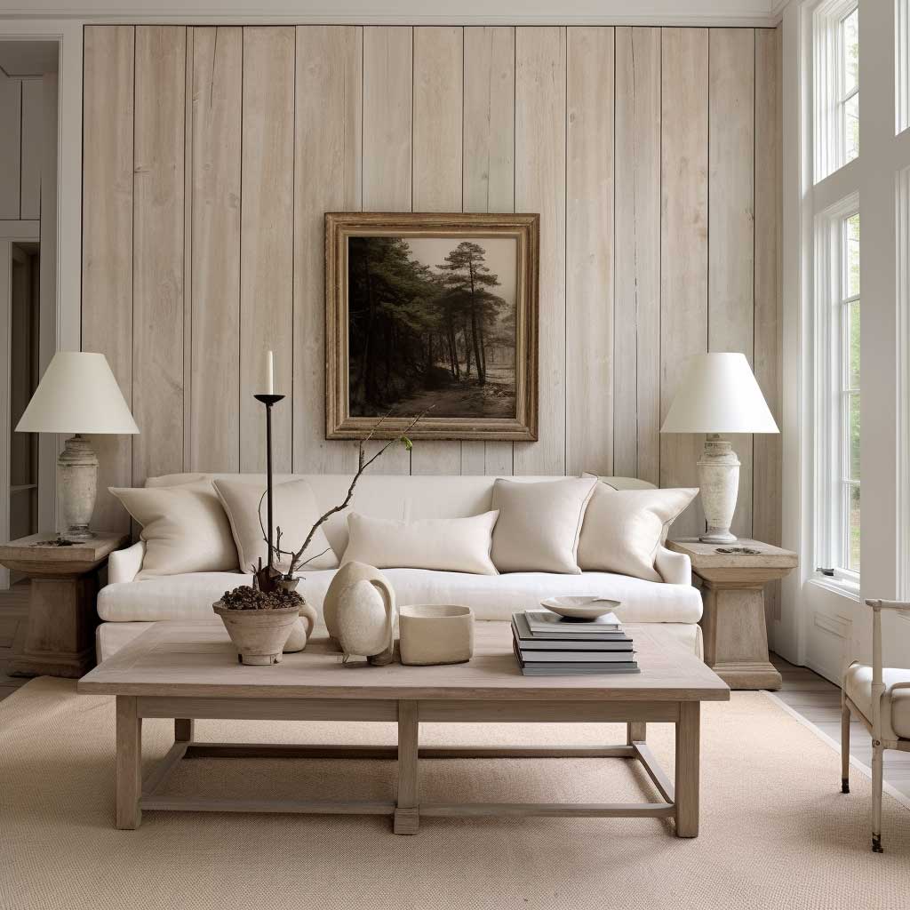 An inviting living space with whitewashed wood paneling.