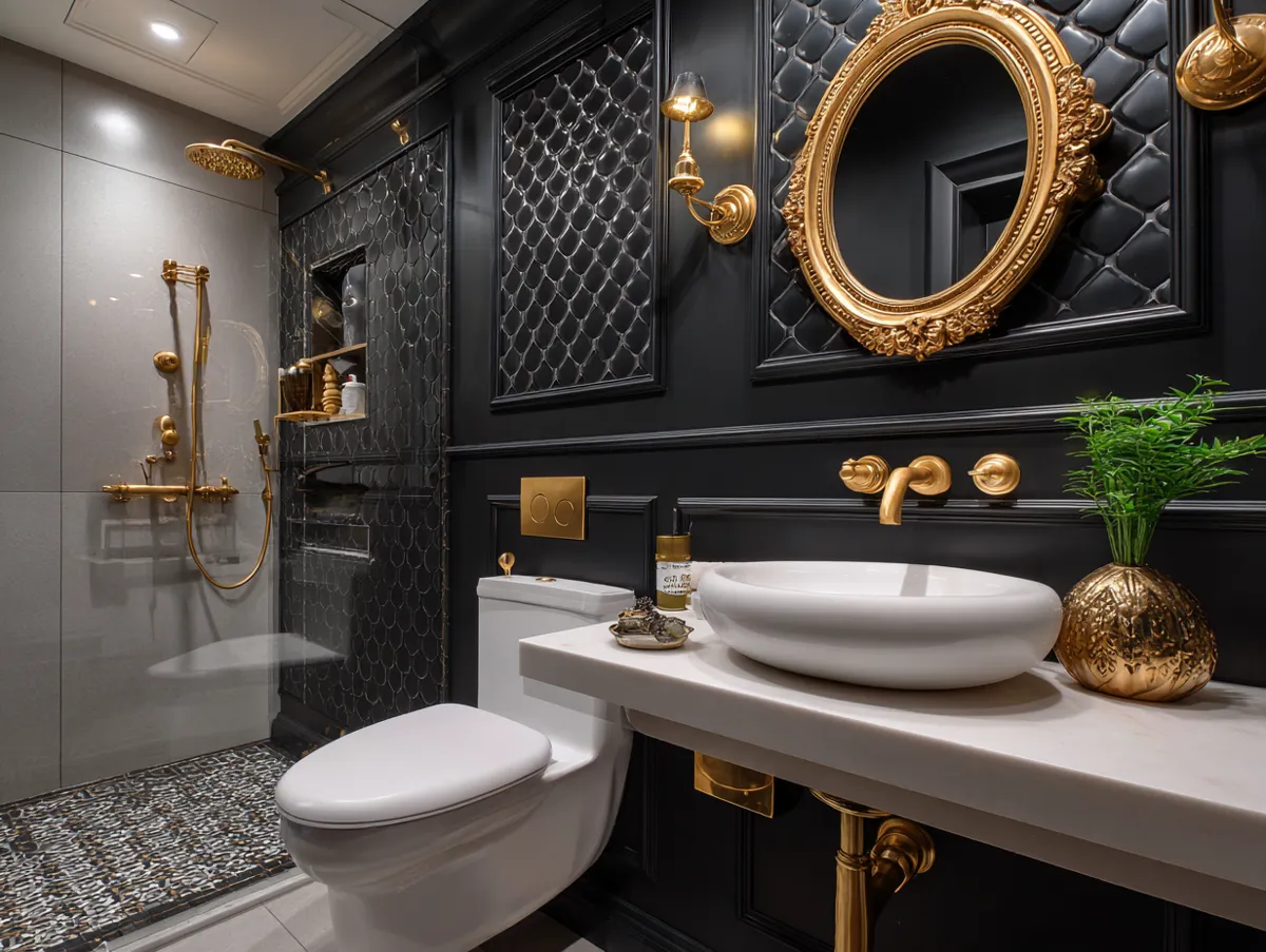 Contrasting Elements in a Luxury Modern Black Bathroom