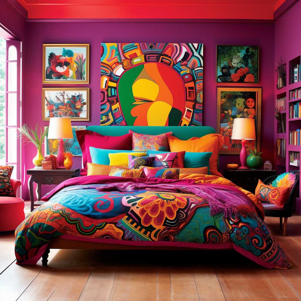 A vivid image of a bedroom bursting with bold colors. These personalized choices, whether in the form of painted walls, patterned bedding, or unique furniture, result in a striking bedroom home interior design that speaks volumes about the dweller's lively personality.