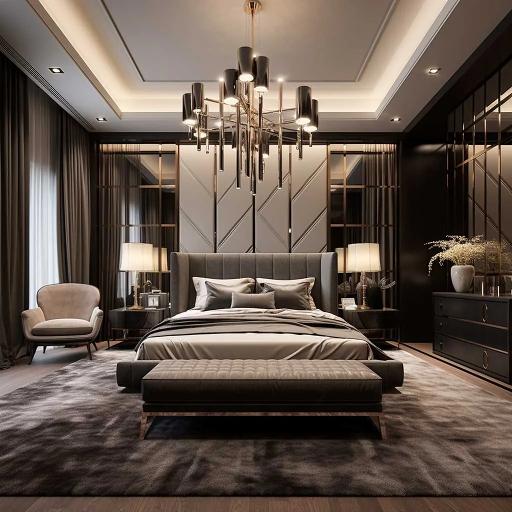 A luxurious bedroom in a high-end house, featuring exquisite lighting fixtures that add a warm, inviting glow to the space.