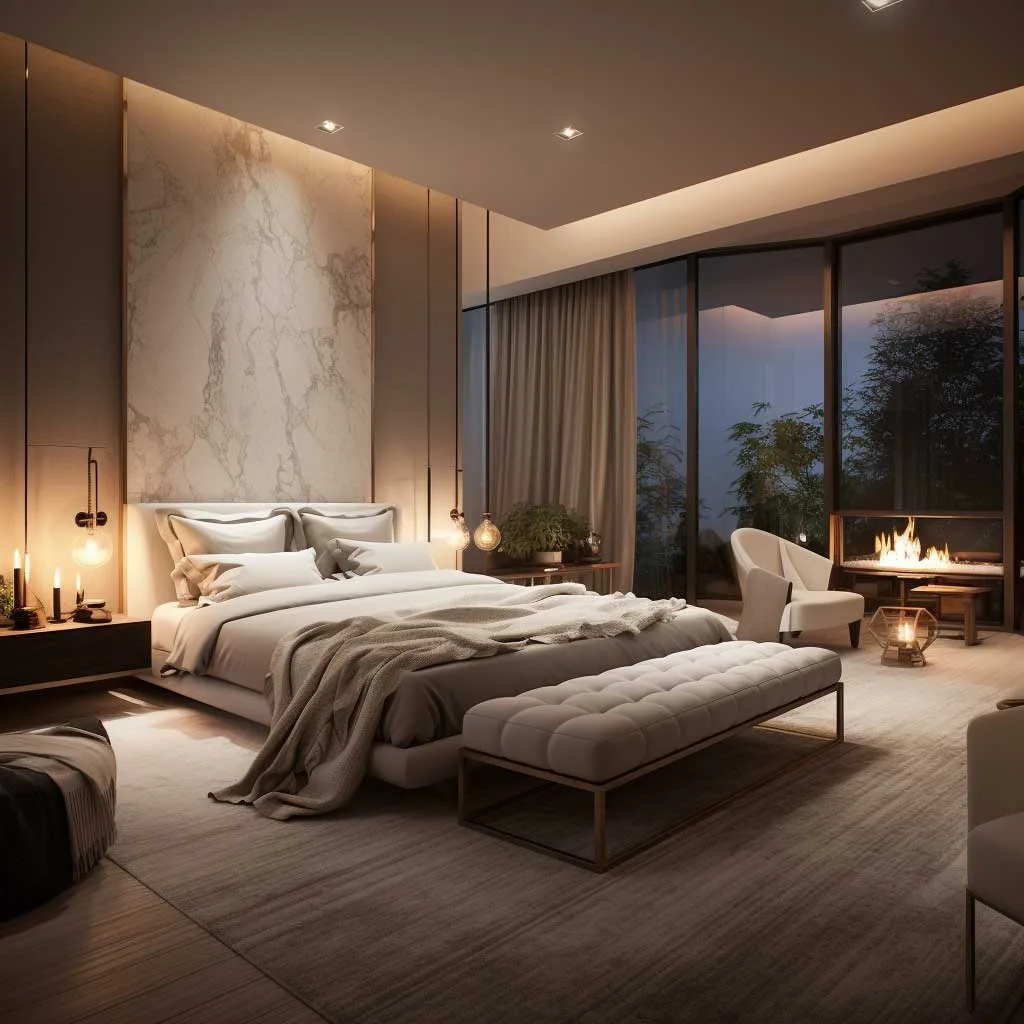 A high-end house interior showcasing a bedroom with sumptuous, plush bedding, creating an atmosphere of ultimate comfort and luxury.