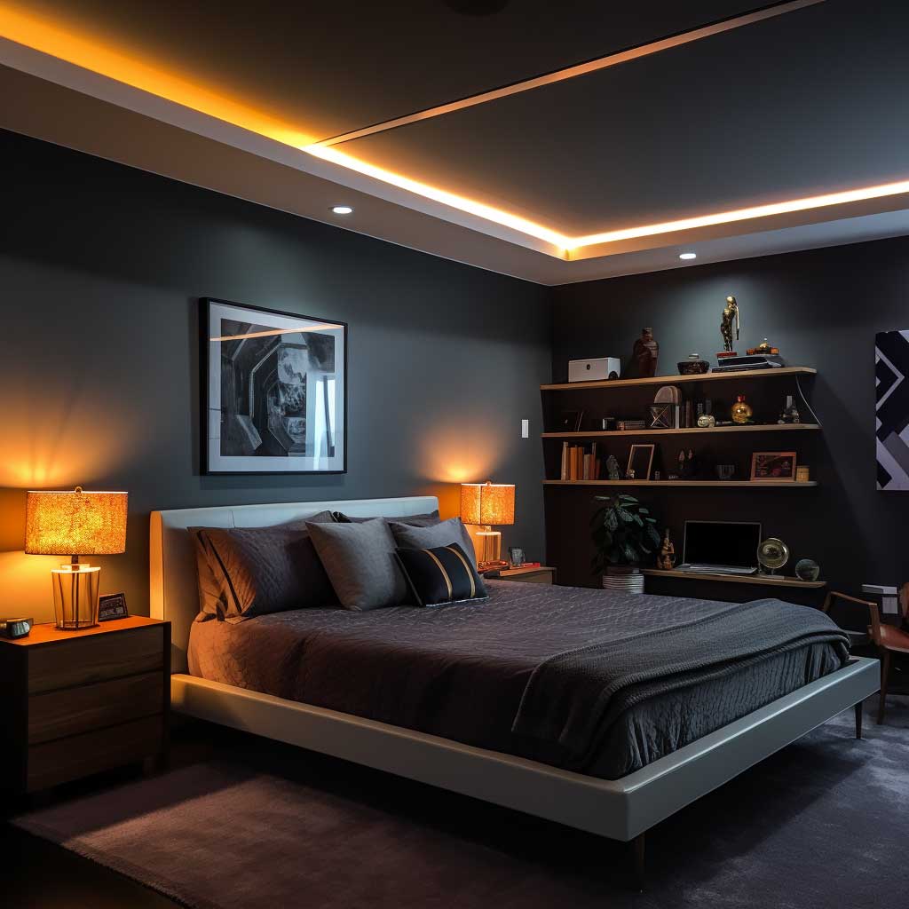 A bedroom illuminated with a mix of ambient, task, and accent lighting, demonstrating the impact of strategic lighting in enlarging the perception of space.