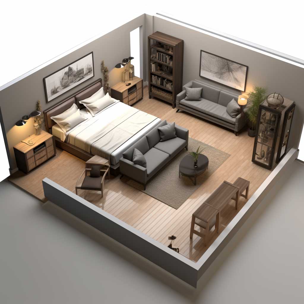 A well-planned bedroom layout showcasing optimal furniture placement to enhance flow and functionality in a large space.