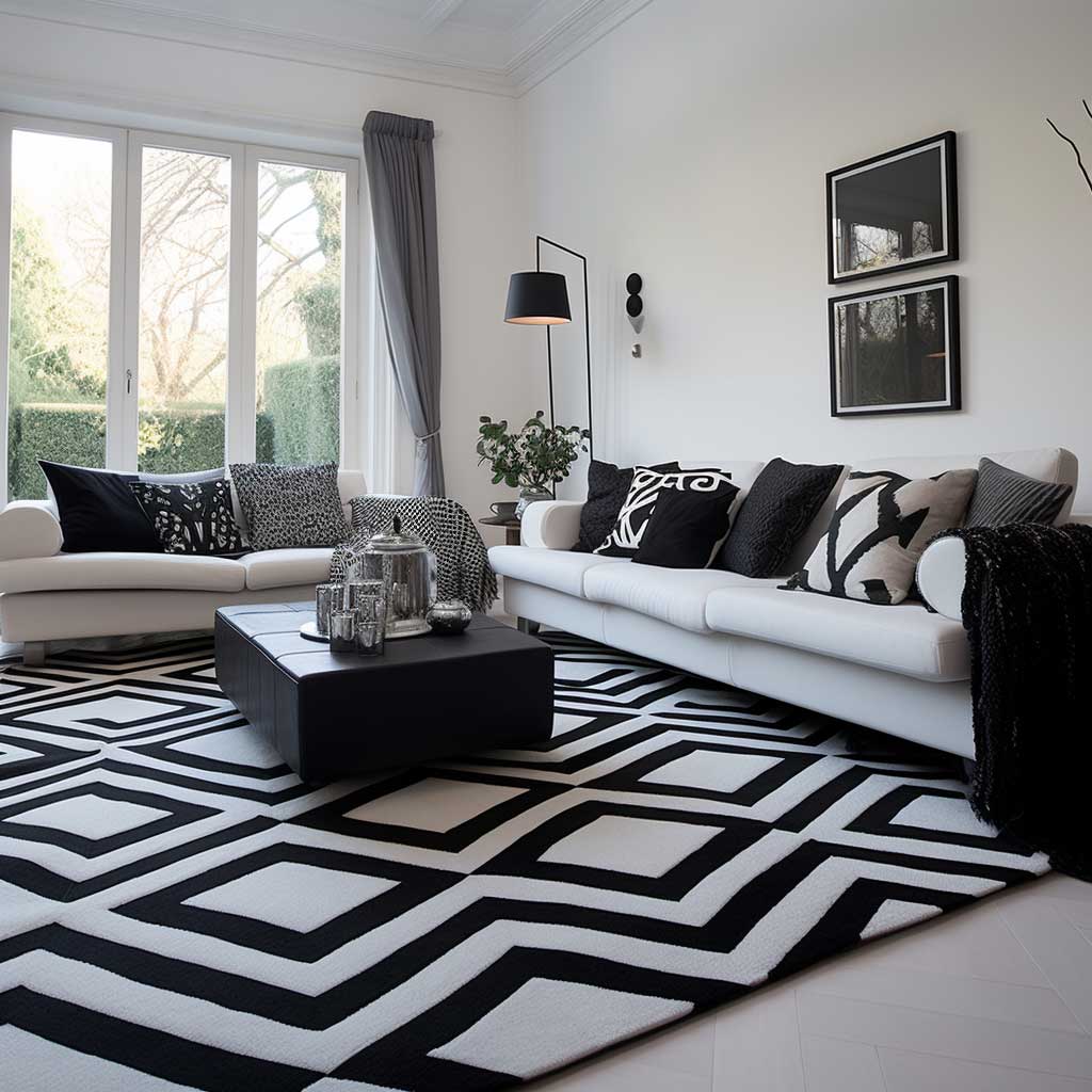 A captivating view of a black and white living room, where geometric patterns on the rug and cushions add depth and dynamism to the minimalist design.