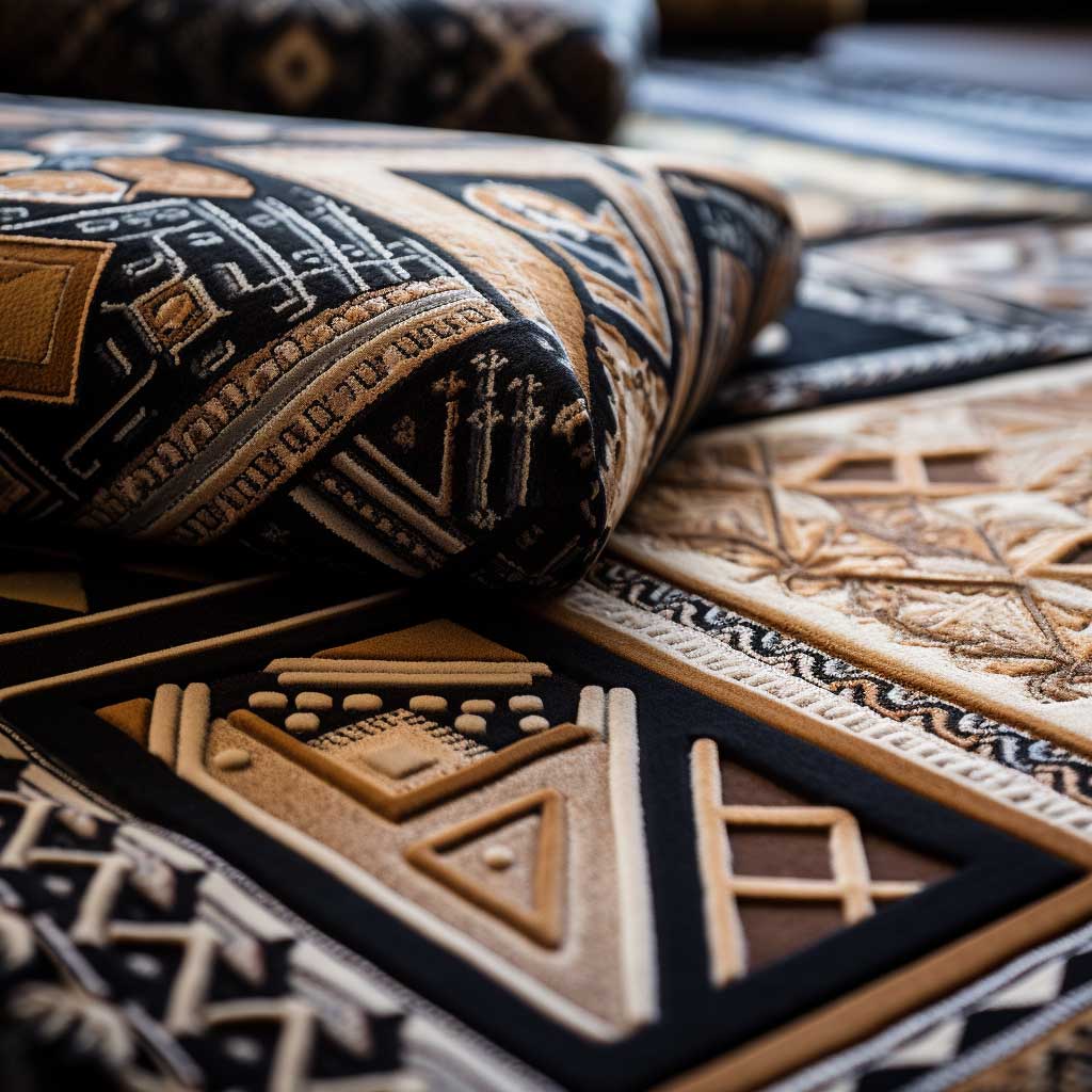 A detailed close-up of a rug showcasing intricate patterns in shades of brown and black, tying the living room's design elements together.