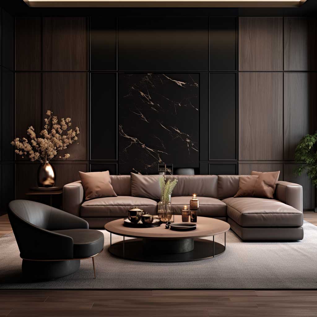 Sleek black wall panels serve as a dramatic backdrop for warm brown furniture pieces, striking a balance between modern and cozy.