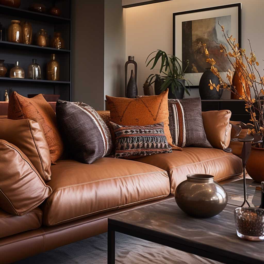 A luxurious brown leather sofa set is enhanced by black throw pillows and decor items, creating a rich visual depth in the living room.