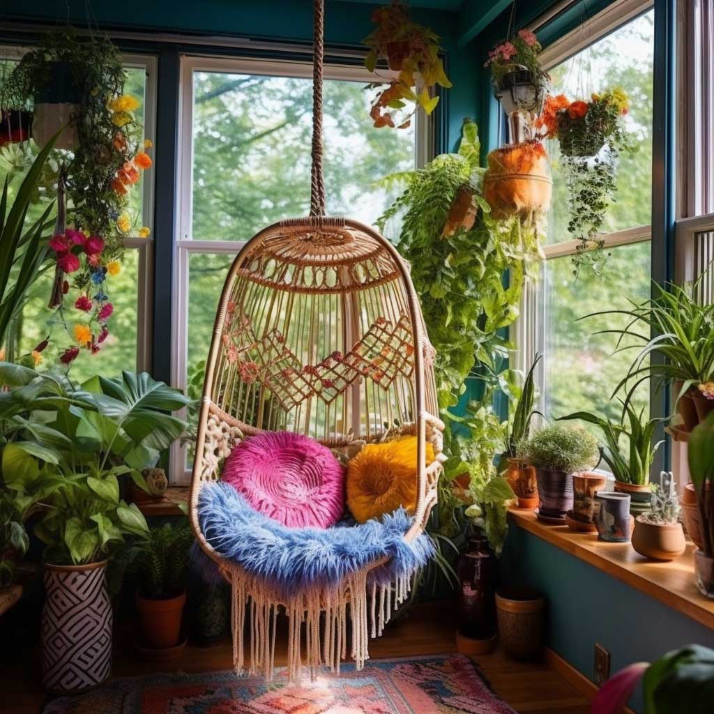 A cozy corner featuring a hanging macramé chair, surrounded by potted plants and colorful textiles, capturing the bohemian vibe.