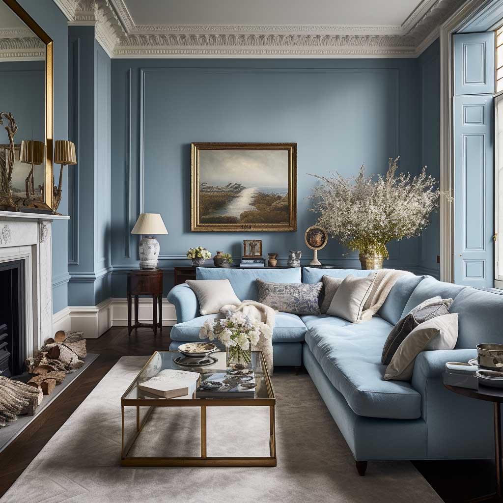 A tranquil drawing room bathed in the calming tones of cerulean blue, harmoniously paired with neutral decor and natural light.