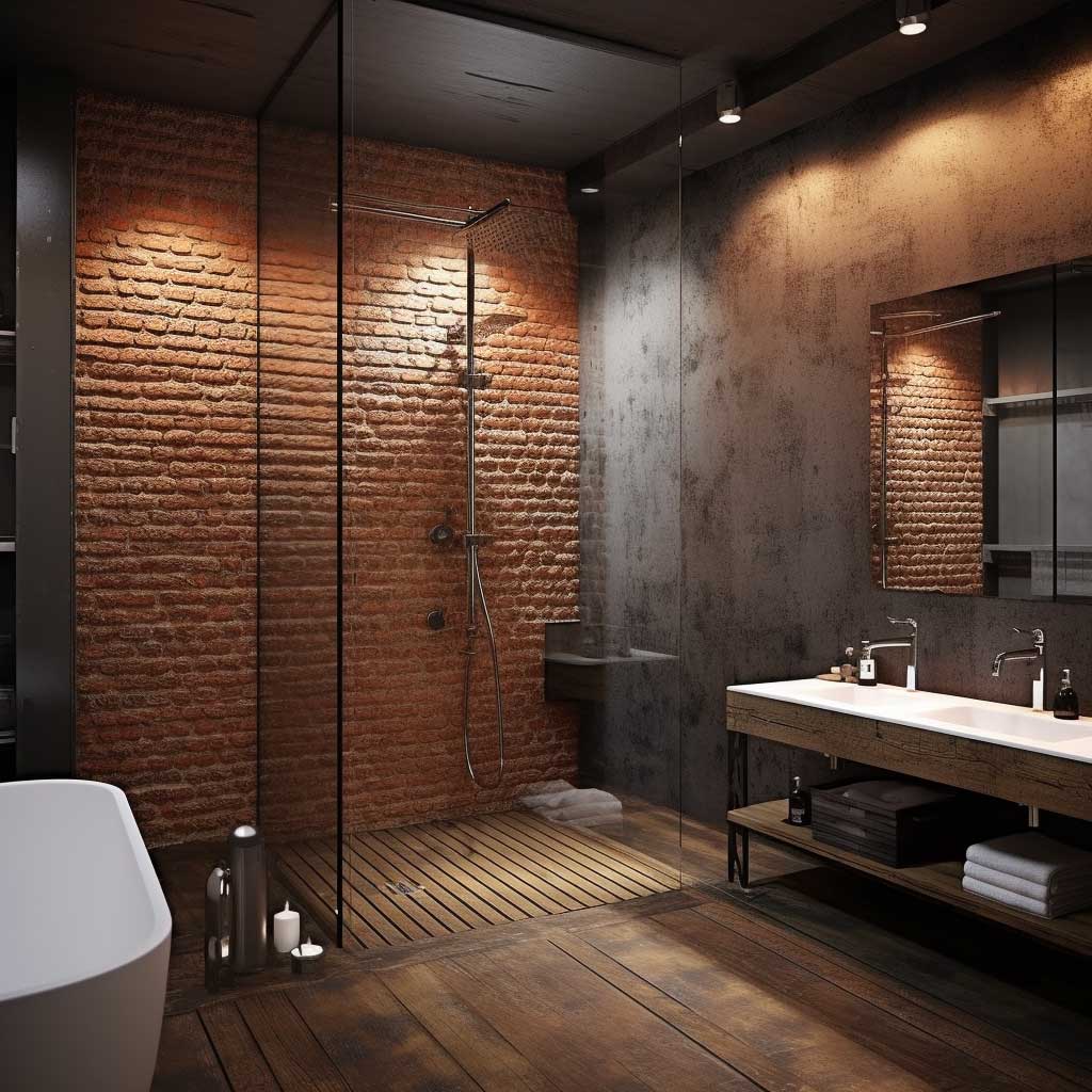 An exposed brick wall in the shower area adds a rustic touch to this modern bathroom, creating a striking contrast that's both visually appealing and unique.