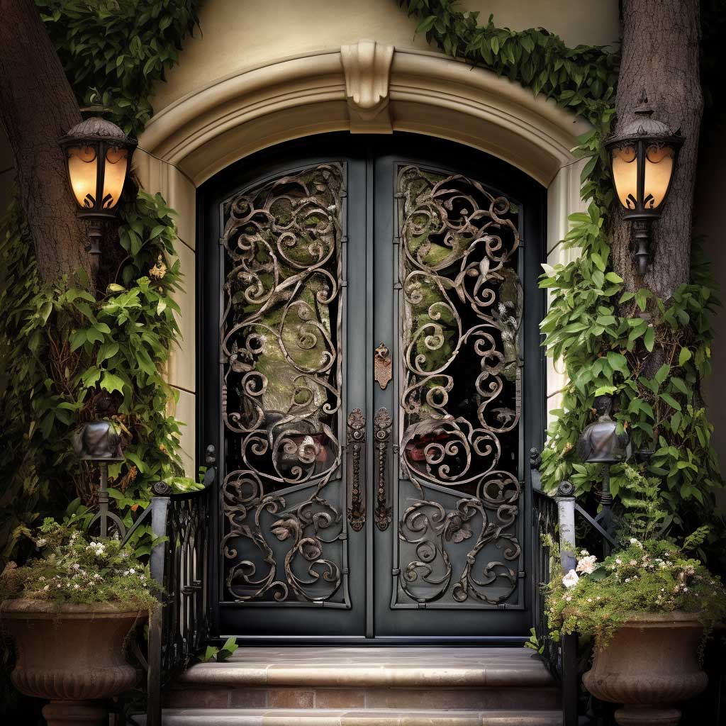 A robust front door adorned with detailed wrought iron work, evoking a sense of history and craftsmanship.