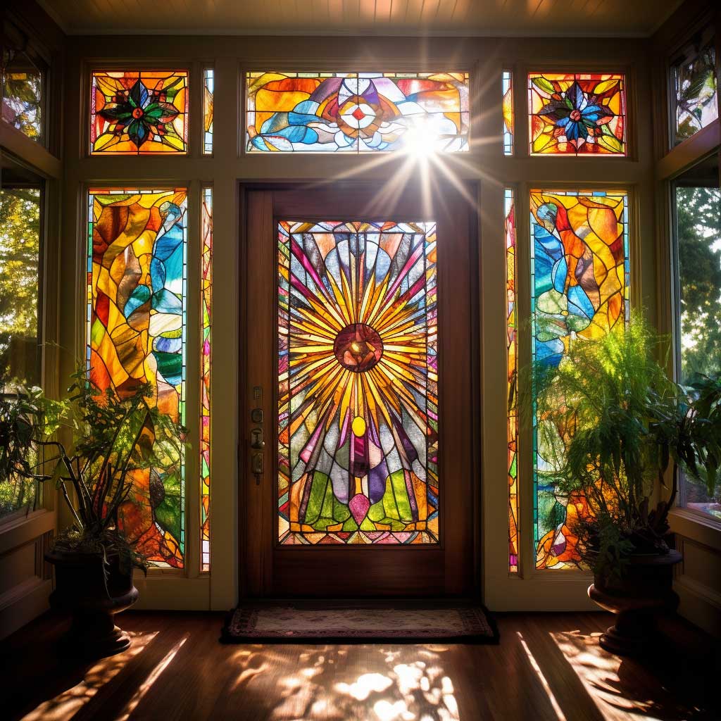 A captivating front door featuring intricate stained glass patterns, radiating colors as sunlight filters through.