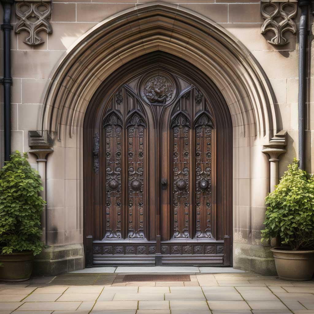 A polished wooden front door with ornate carvings, complemented by a stone archway.