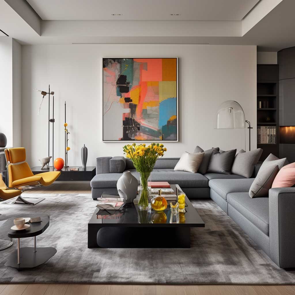 A sleek, minimalist gray living room featuring gray-toned furnishings, complemented by vibrant pops of color, demonstrating the versatility and warmth of gray.