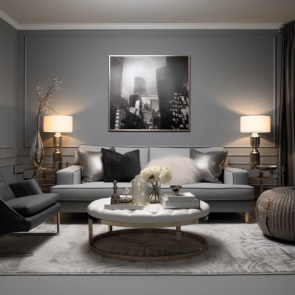 An image of an elegant gray living room, enhanced by metallic accents that add a touch of glamour and sophistication to the understated gray color palette.