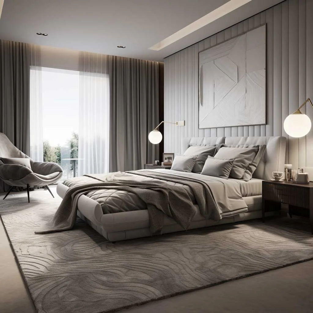 A captivating view of a grey bedroom interior design showcasing various textured layers, from plush throws to intricately patterned rugs, all harmoniously blending to create a tactile haven.