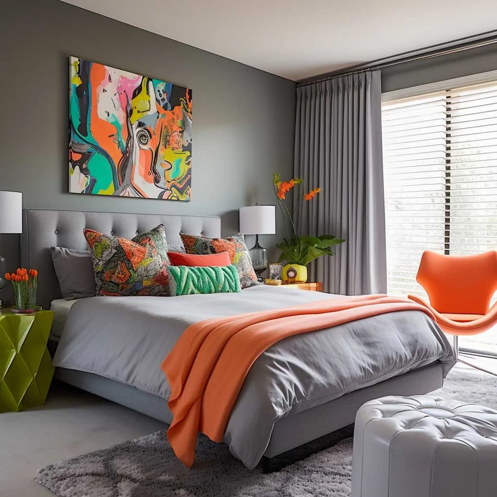 A vibrant twist on the grey bedroom interior design, where muted grey walls and decor are accentuated with strategic pops of color, adding a lively contrast to the serene backdrop.