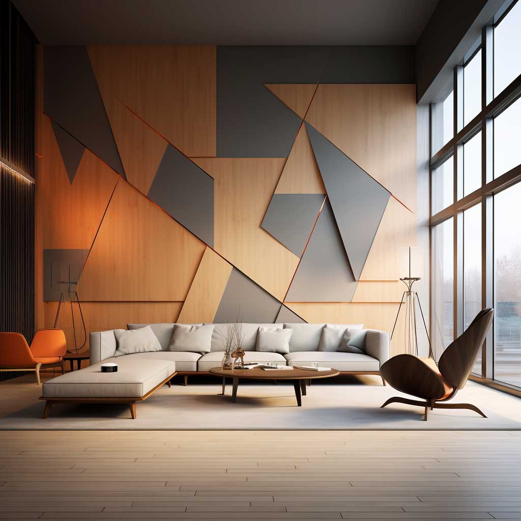 Captured in the image is a modern interior boasting geometric patterned wall paneling. The striking angular patterns contrast the classic interior elements, creating a dynamic balance between old and new, and lending a uniquely modern twist to the space.