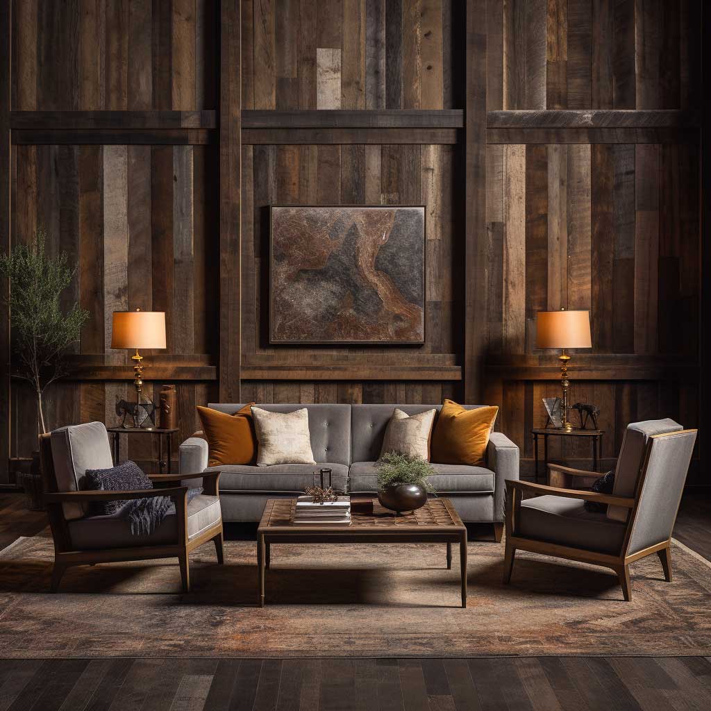 The image showcases a room transformed with rustic wood paneling. The deep, warm hues of the reclaimed wood breathe life into the space, offering a perfect blend of comfort and visual interest, while also accentuating the room's architectural features.