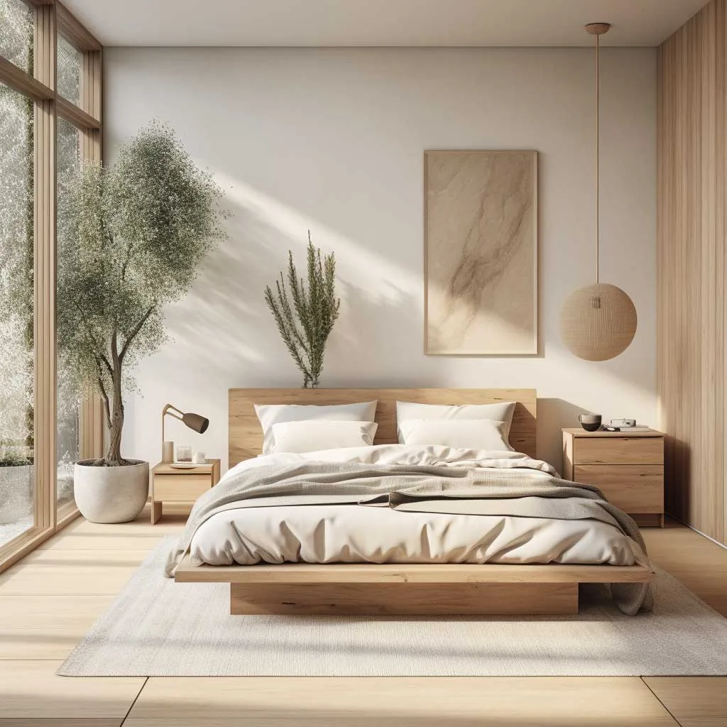 The perfect balance of calm and utility is evident in this Japandi style bedroom showcasing wooden accents and soft textiles.