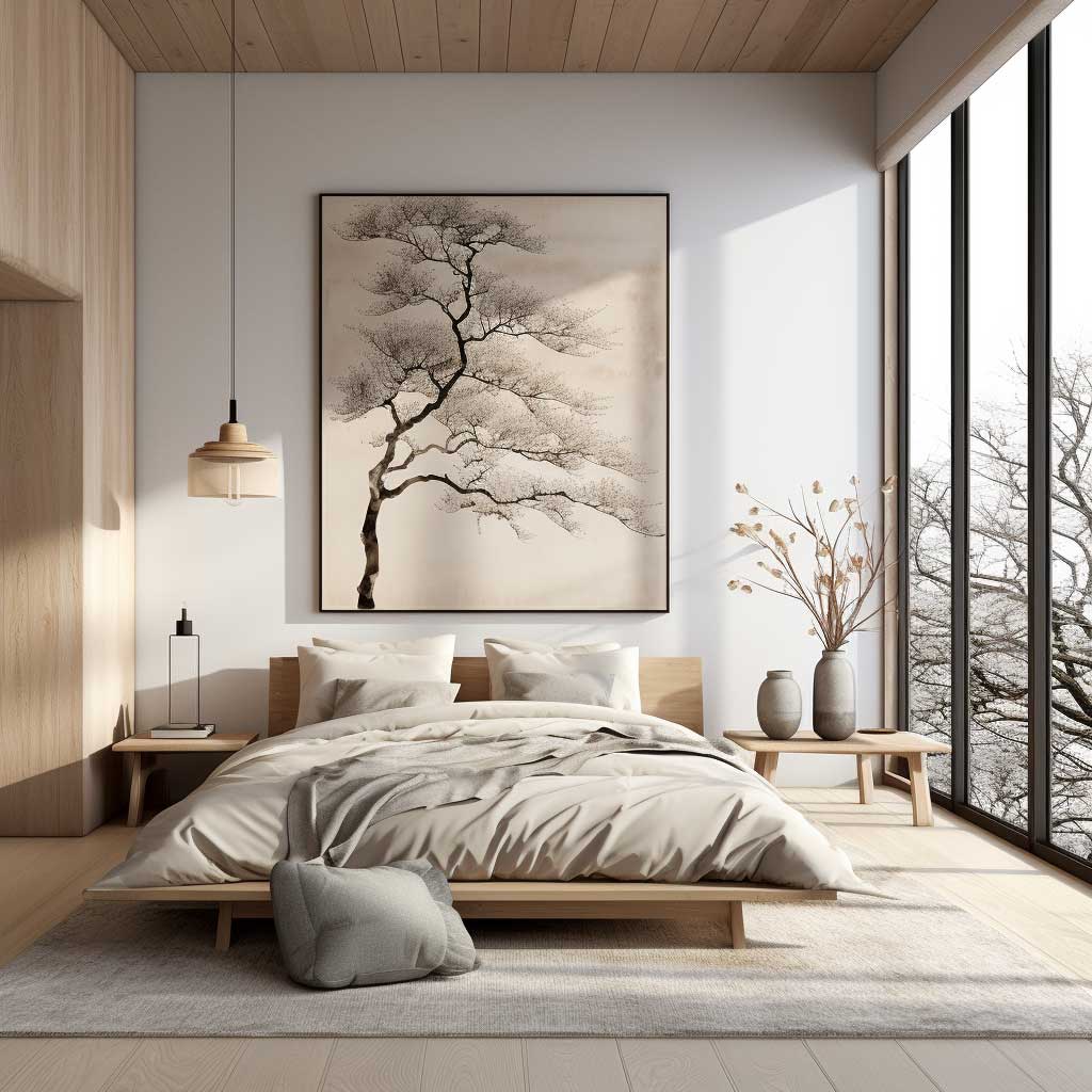 A harmonious blend of Japanese aesthetics and Scandinavian design in a Japandi style bedroom with neutral hues.