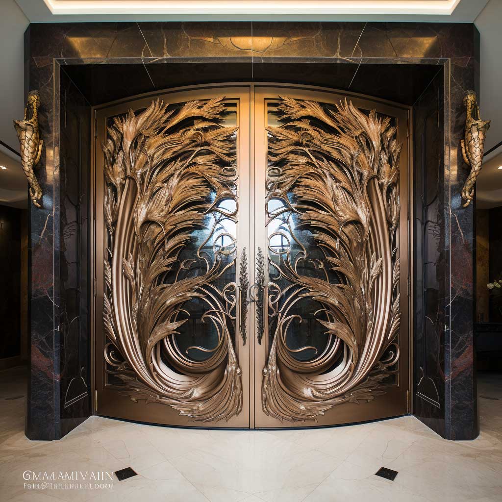 The artistic flair of a uniquely designed main entrance double door, providing a dramatic and awe-inspiring welcome.