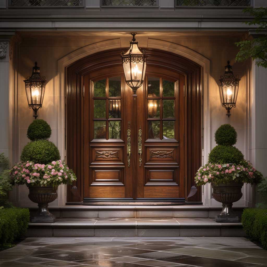 An inviting entrance graced by a classic wooden double door design, radiating timeless elegance and warmth.