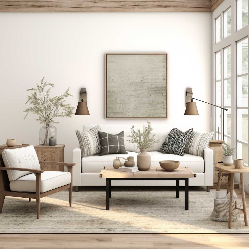 A modern farmhouse living room showcasing cozy neutral tones, wooden accents, and soft textures, perfect for a warm and inviting space.