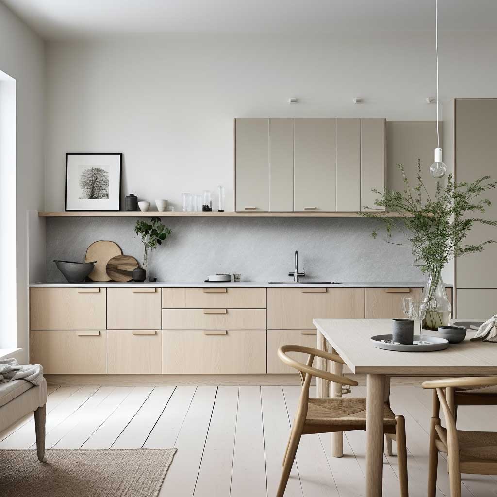 Minimalism is a key principle of modern Scandinavian kitchen design. This photo highlights a kitchen with clean lines, flat-front cabinetry, and a lack of ornate details. The use of a neutral color palette, consisting of whites, greys, and natural wood tones, creates a serene and uncluttered environment.