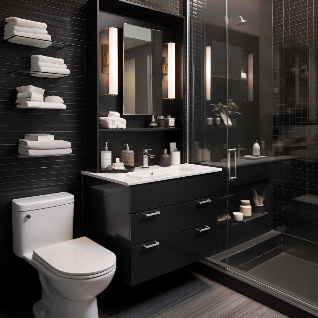 A photo highlighting a small black bathroom that utilizes innovative storage solutions, such as built-in shelves and mirrored cabinets, to maximize space.