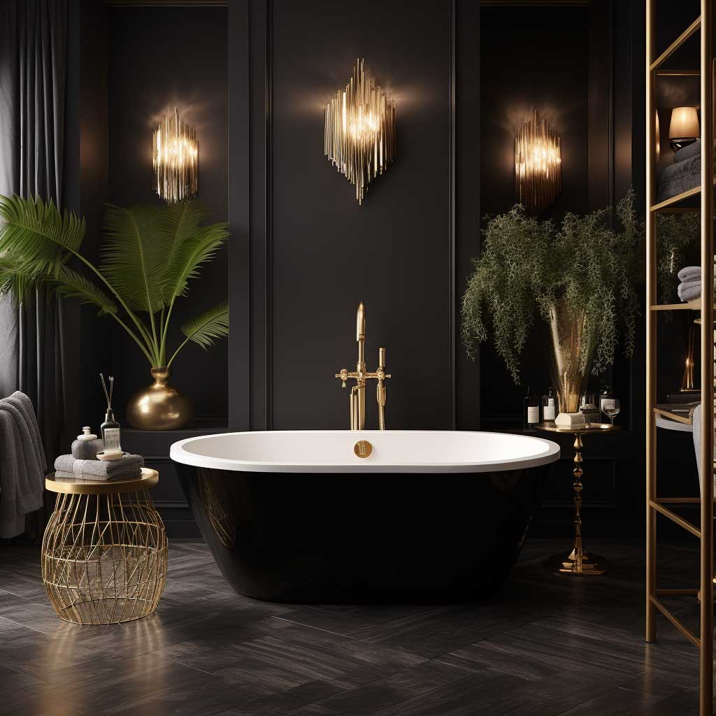 A picture featuring a modern small black bathroom adorned with luxurious touches, such as a freestanding bathtub and gold accents, that add a touch of opulence to the space.