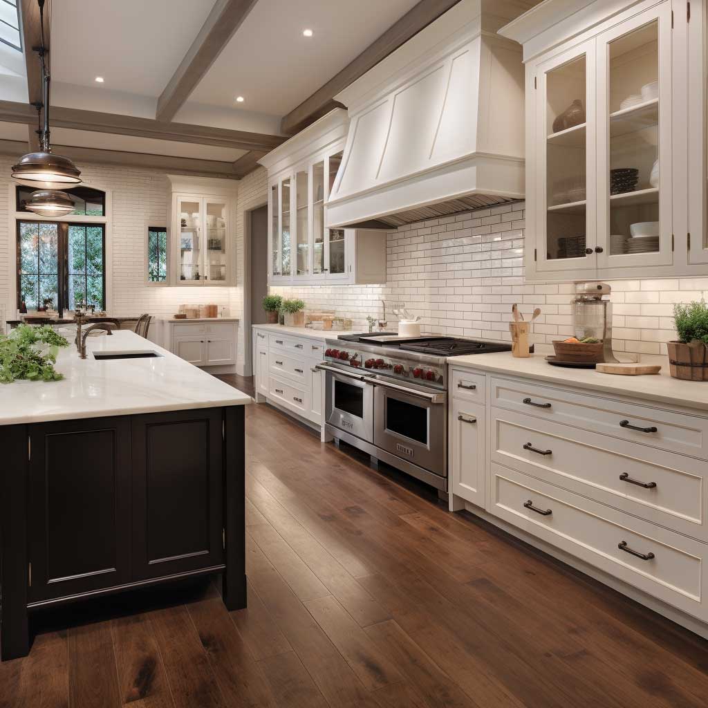 A spacious and well-lit modern transitional style kitchen showcasing the timeless appeal of neutral tones, with beige cabinets, white subway tile backsplash, and dark wood flooring.