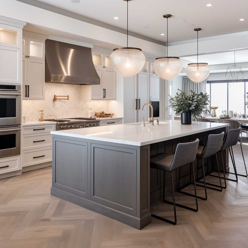 A beautifully designed modern transitional style kitchen featuring a mix of classic and contemporary elements, such as neutral-colored cabinets, sleek quartz countertops, and a stylish herringbone backsplash.