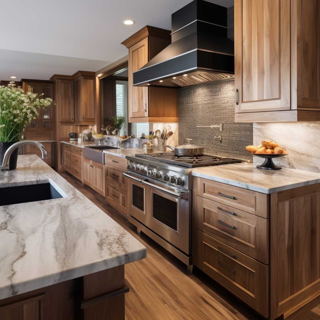 A detailed view of a modern transitional style kitchen highlighting the harmony of natural and man-made materials, with wooden cabinets, stainless steel appliances, and a marble countertop.