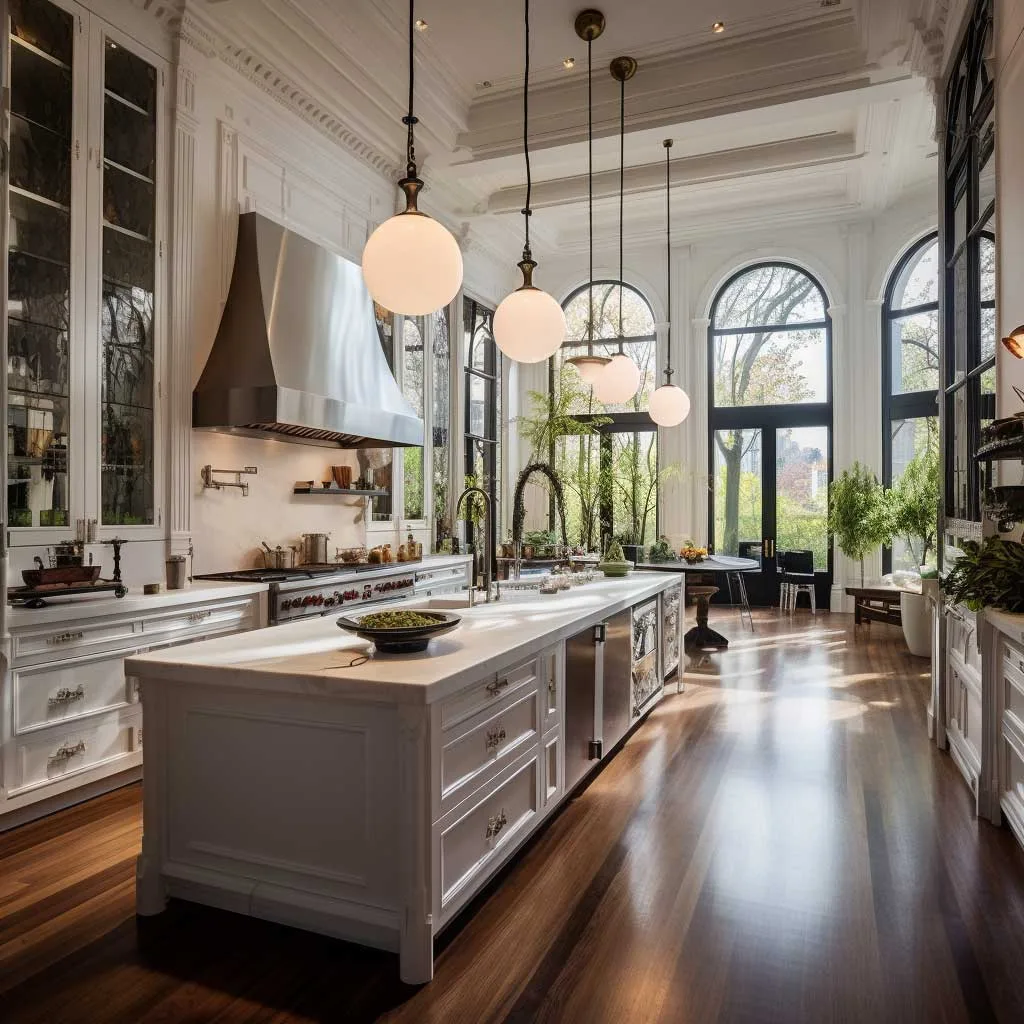A spacious kitchen area showcasing the intricate details of Victorian design, complemented by sleek countertops and contemporary lighting fixtures.