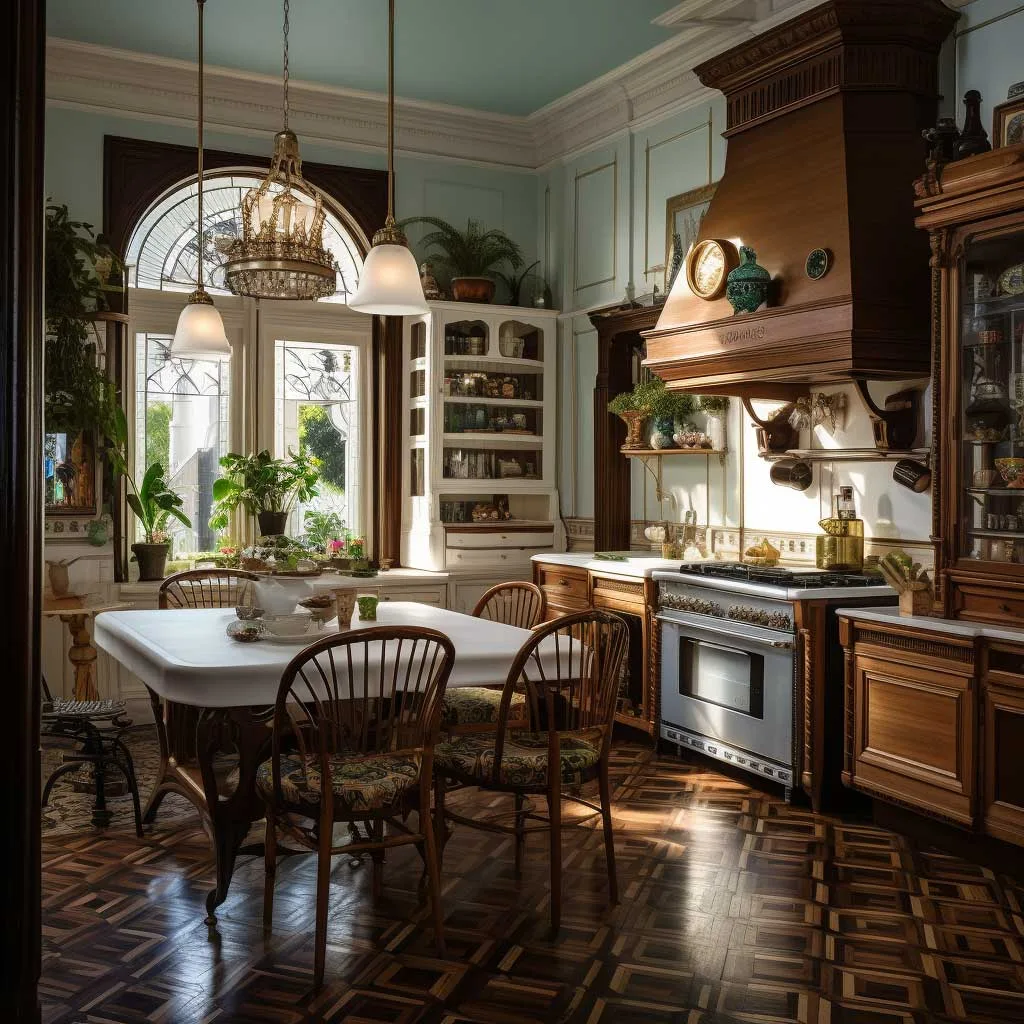 A harmonious blend of Victorian design elements with state-of-the-art appliances creates a kitchen space that exudes historical charm while catering to modern-day needs.