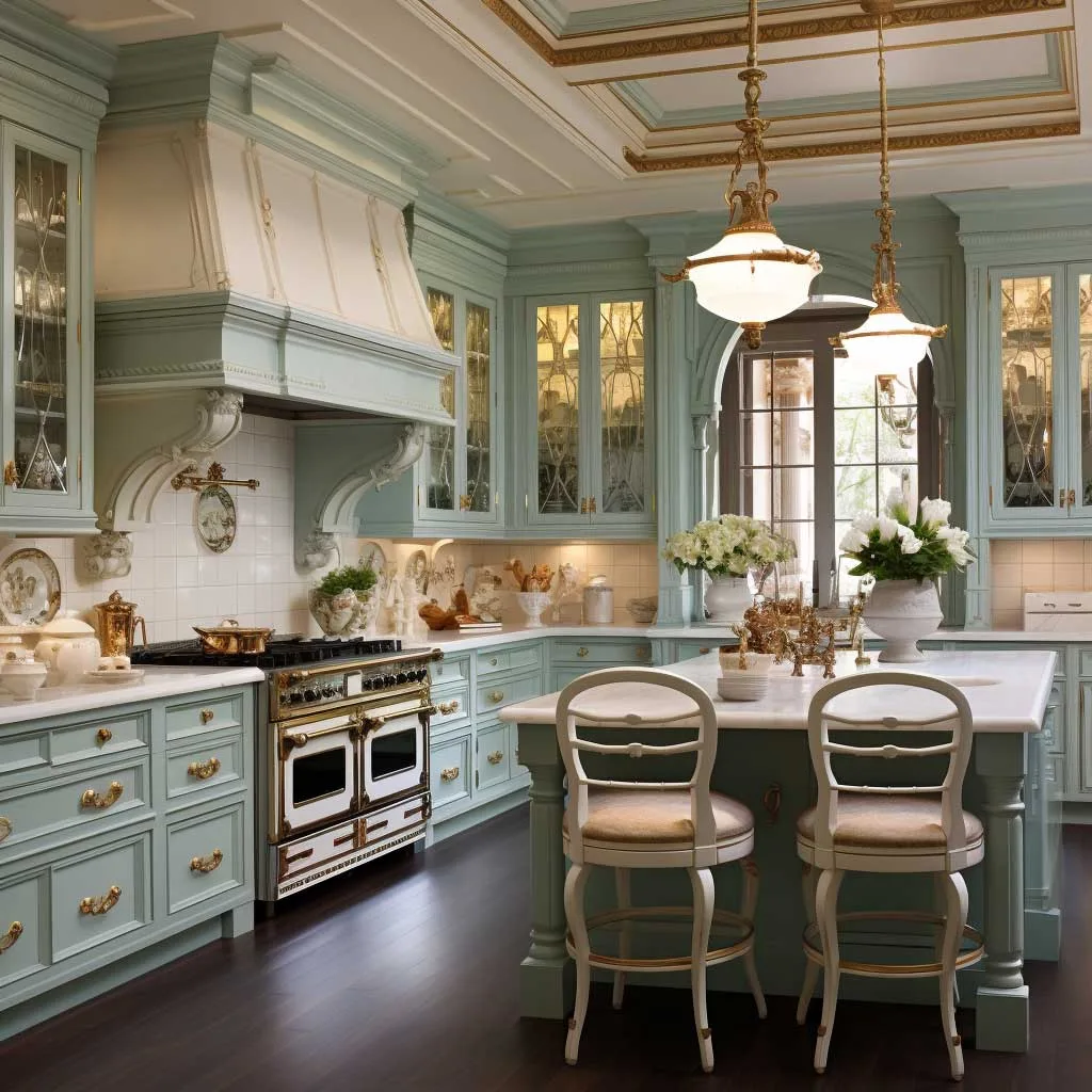 A luminous kitchen setting that captures the essence of Victorian elegance, enhanced with modern amenities and a fresh color palette.