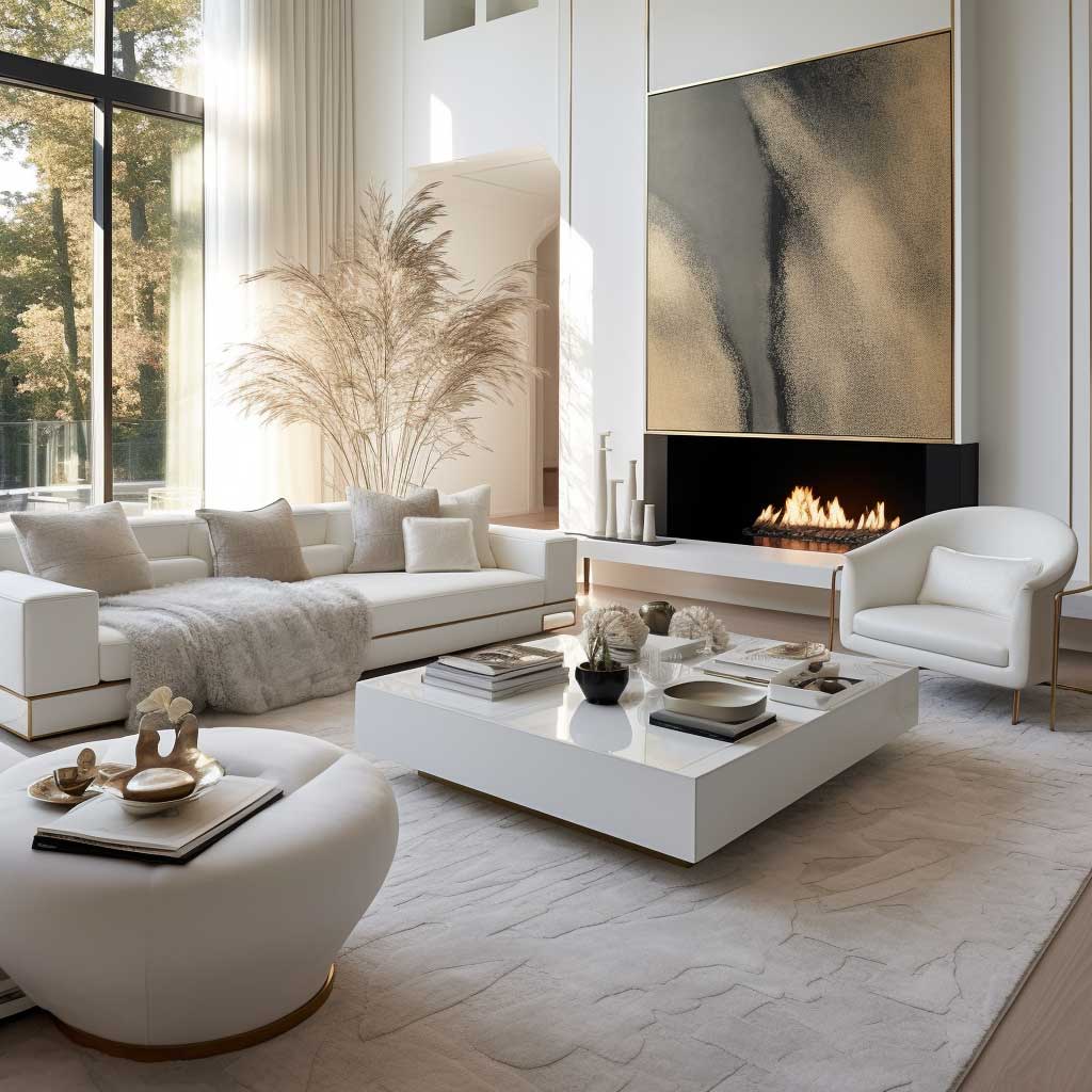 A luxurious modern white living room with high-end furniture, plush textiles, and sophisticated decor.